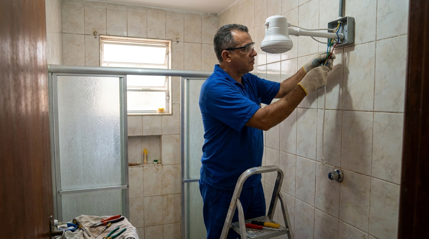 Eletricista instalando chuveiro eletrico em Marília‑SP